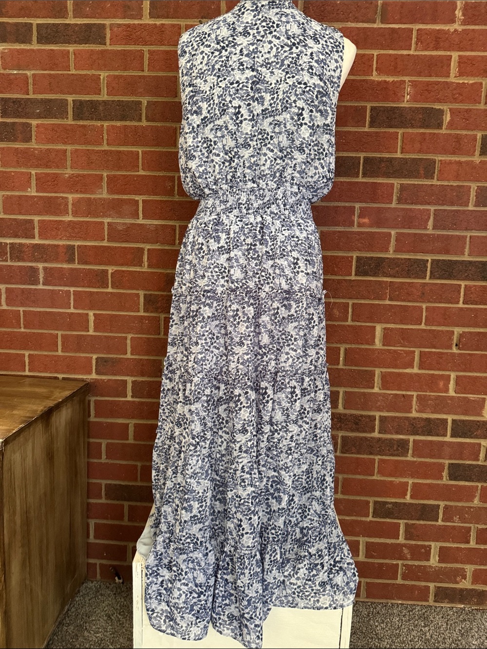 MSK Blue and White Floral Tiered Maxi Dress - Sleeveless Smocked Waist - Picture 6 of 10